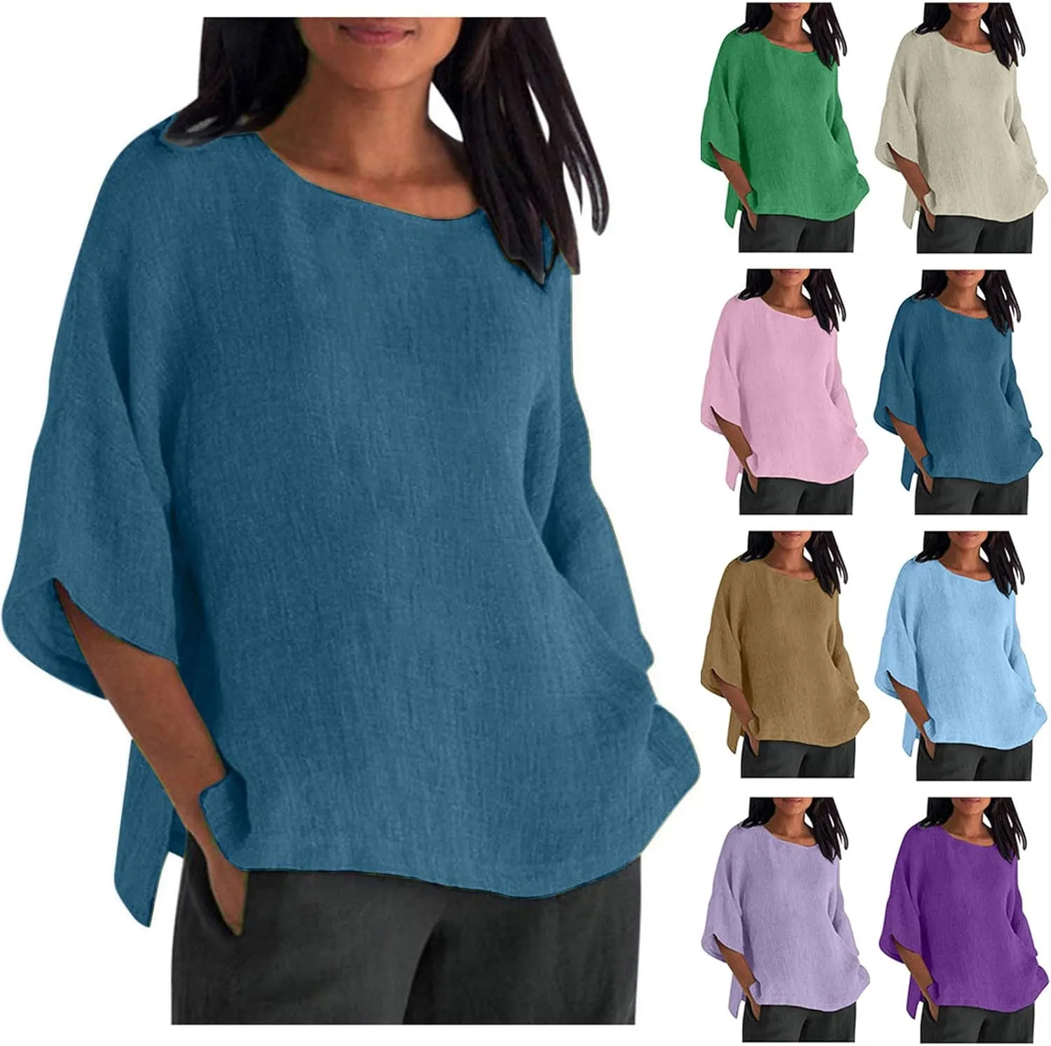 3/4 Length Sleeve Blouse for Women Casual Cotton Linen Shirts Plus Size Round Neck Jacquard Tops Loose Work Tees