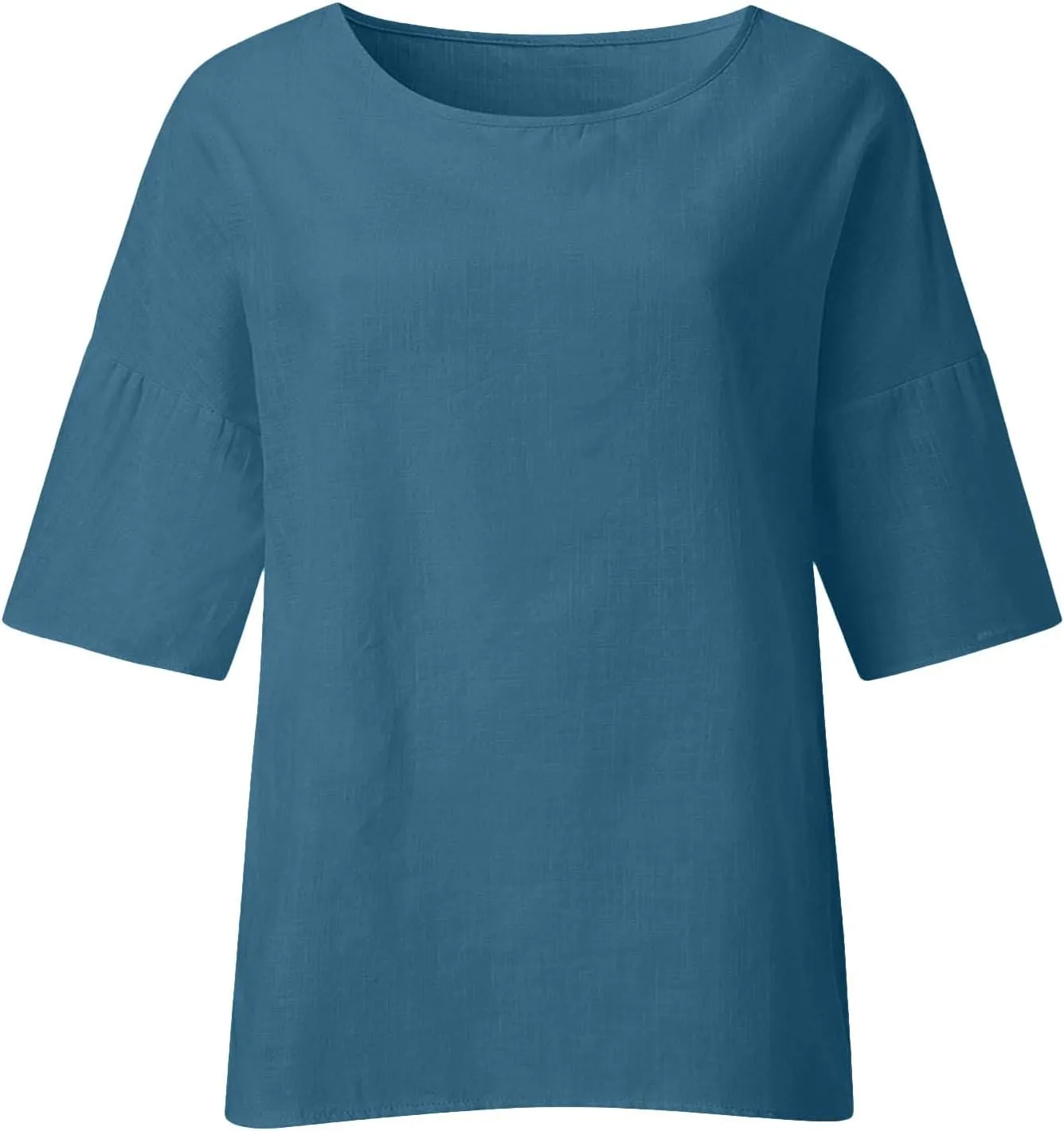 3/4 Length Sleeve Blouse for Women Casual Cotton Linen Shirts Plus Size Round Neck Jacquard Tops Loose Work Tees