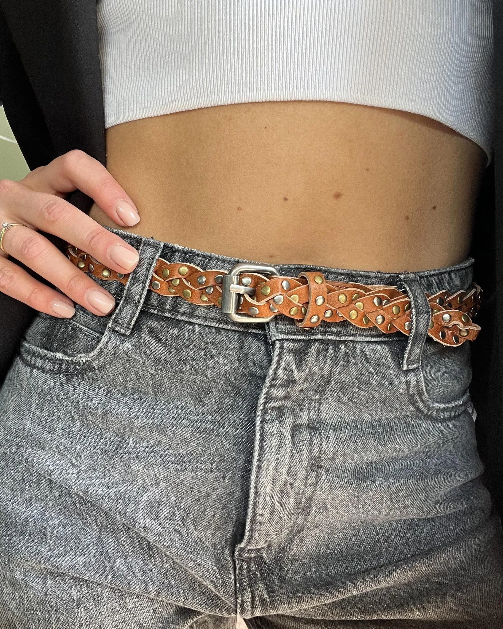 Amara l Skinny Braided Belt with Studs