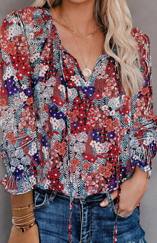 Analisa Ladies Casual Fashion Printed Shirts V Neck Long Sleeves
