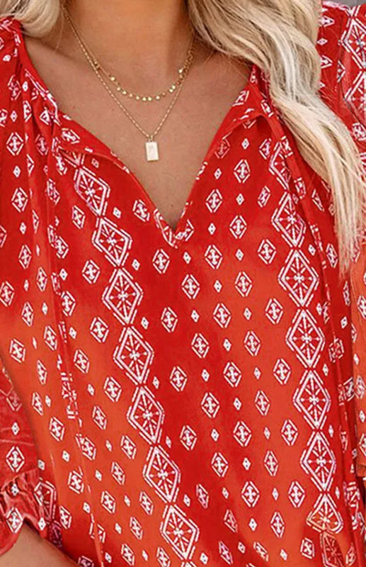 Analisa Ladies Casual Fashion Printed Shirts V Neck Long Sleeves
