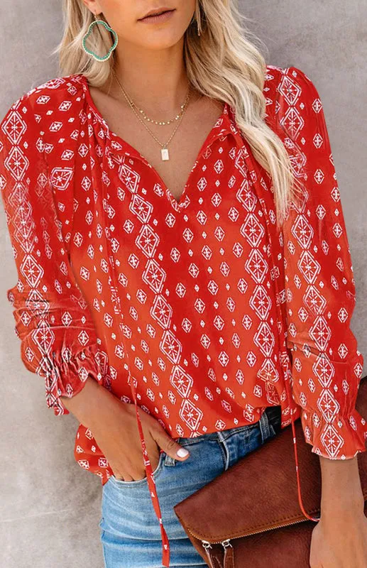 Analisa Ladies Casual Fashion Printed Shirts V Neck Long Sleeves