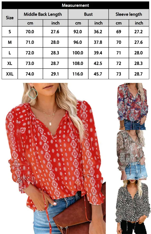 Analisa Ladies Casual Fashion Printed Shirts V Neck Long Sleeves