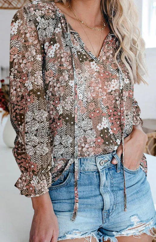 Analisa Ladies Casual Fashion Printed Shirts V Neck Long Sleeves