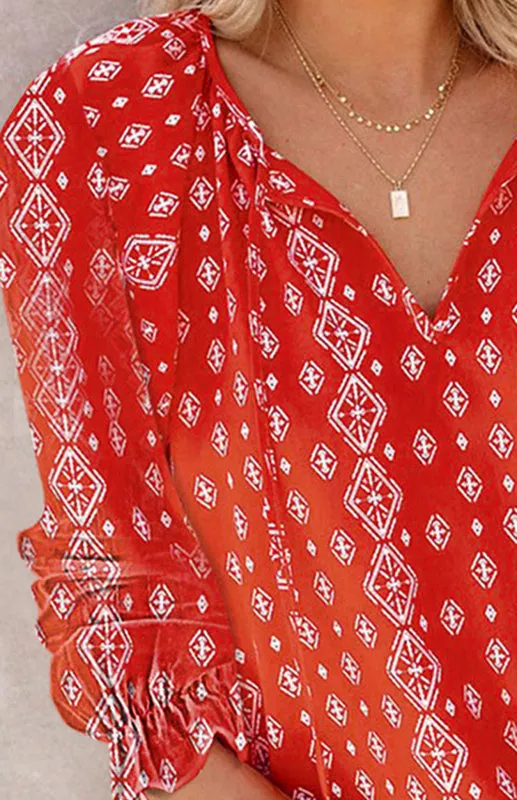 Analisa Ladies Casual Fashion Printed Shirts V Neck Long Sleeves
