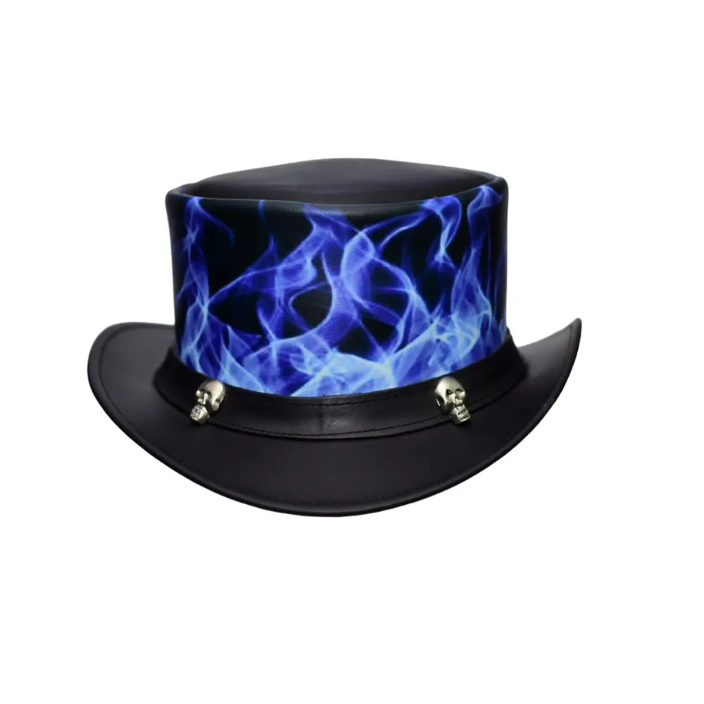 Black Skull Chain Style Leather Top Hat
