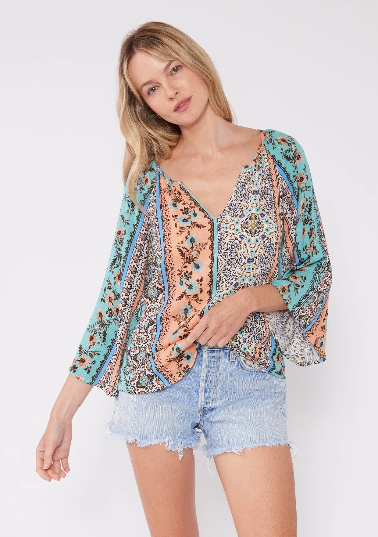 Bohemian Wide Sleeve Split V Neck Blouse