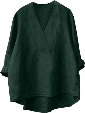 Cotton Linen Shirts for Women Summer Tops 2025 V Neck High Low Hem Blouses Loose Casual Roll-up Sleeve Tshirts