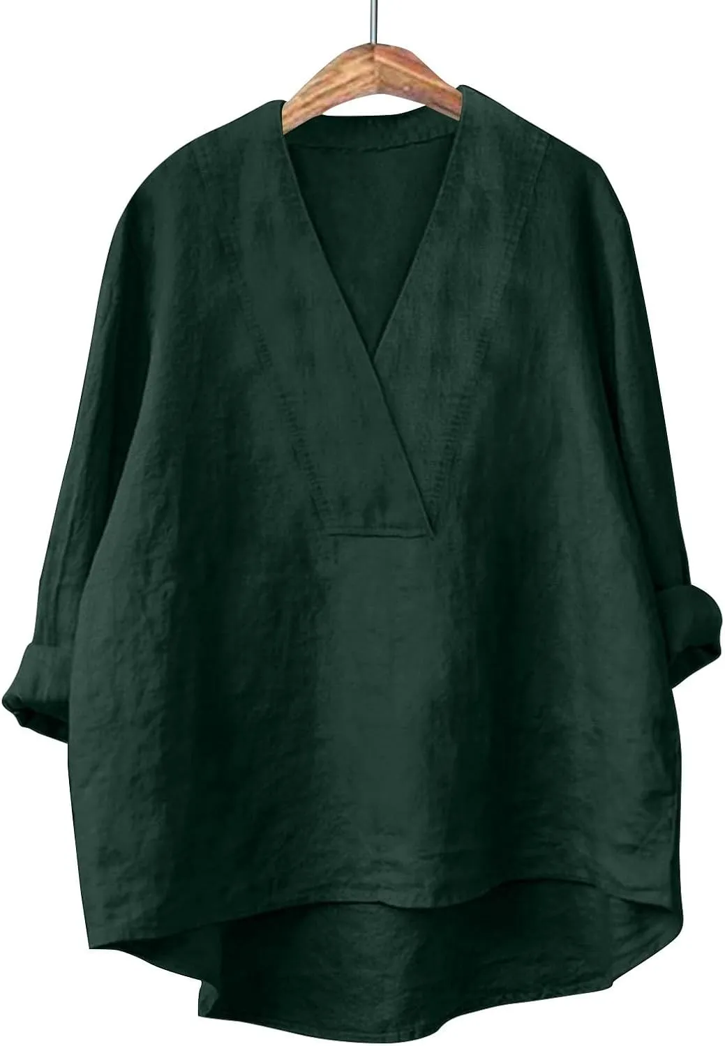 Cotton Linen Shirts for Women Summer Tops 2025 V Neck High Low Hem Blouses Loose Casual Roll-up Sleeve Tshirts