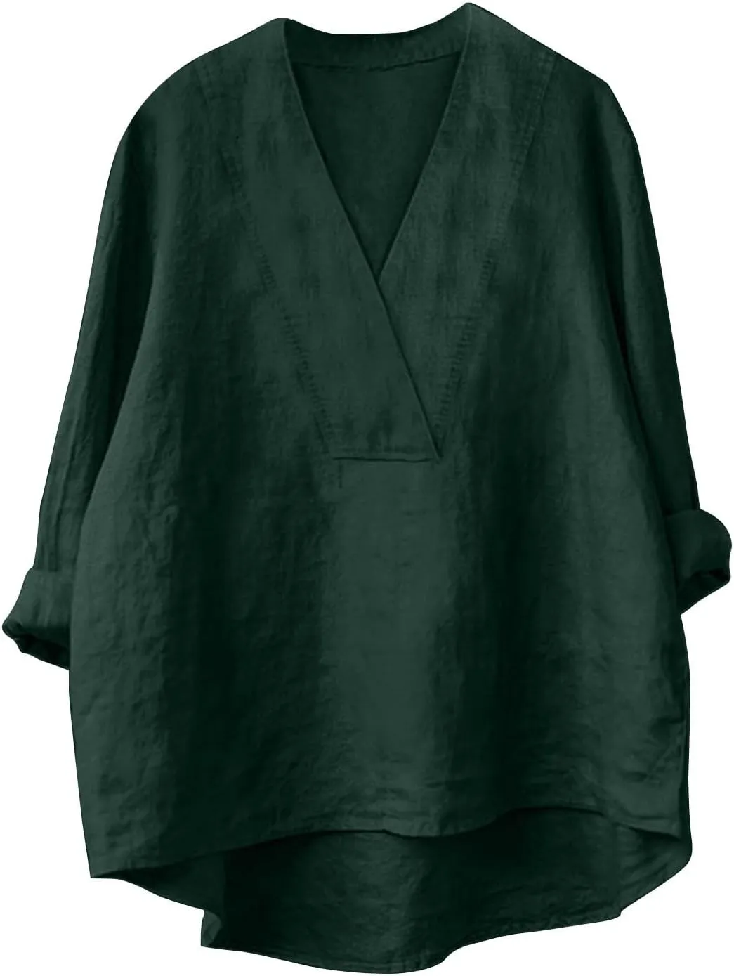 Cotton Linen Shirts for Women Summer Tops 2025 V Neck High Low Hem Blouses Loose Casual Roll-up Sleeve Tshirts