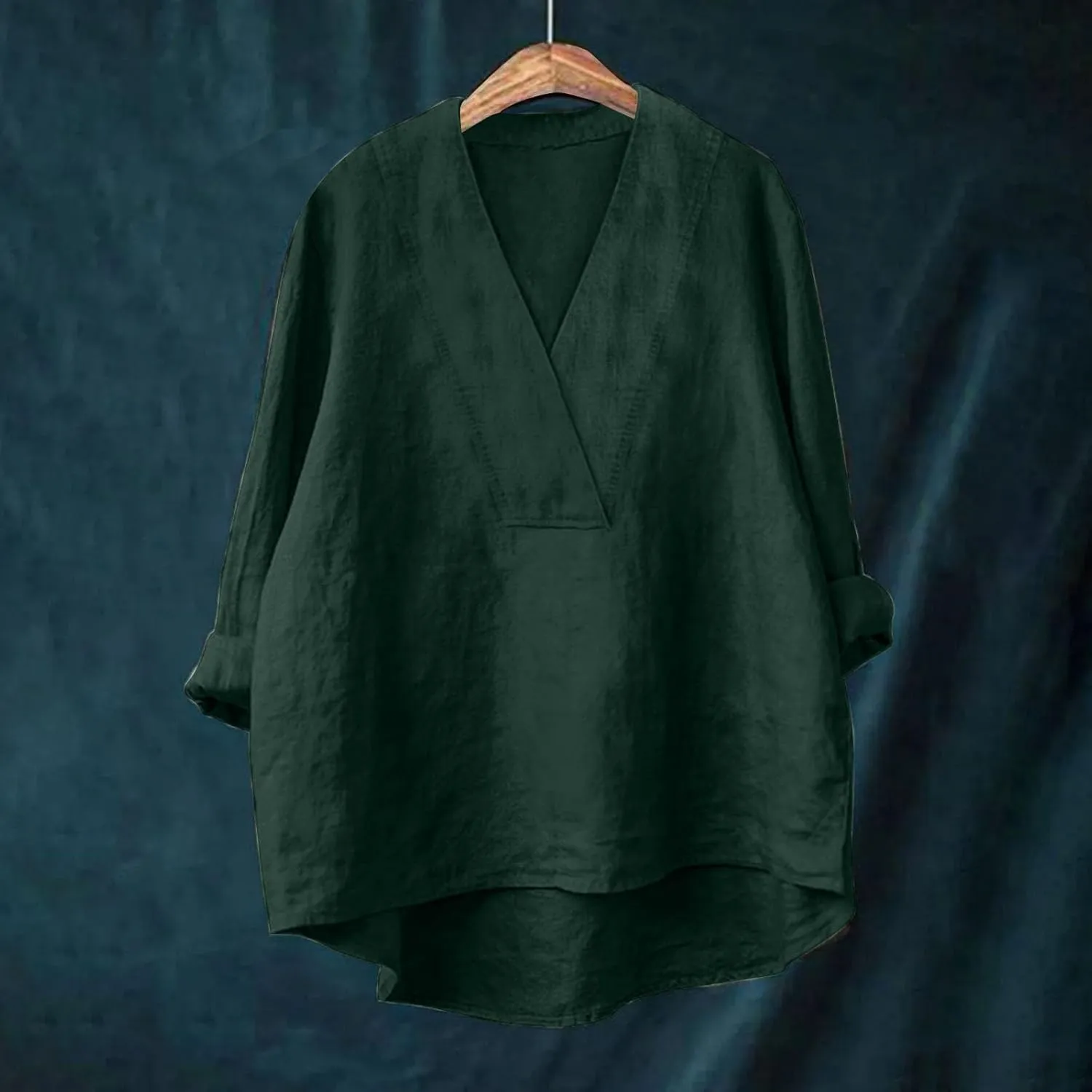 Cotton Linen Shirts for Women Summer Tops 2025 V Neck High Low Hem Blouses Loose Casual Roll-up Sleeve Tshirts