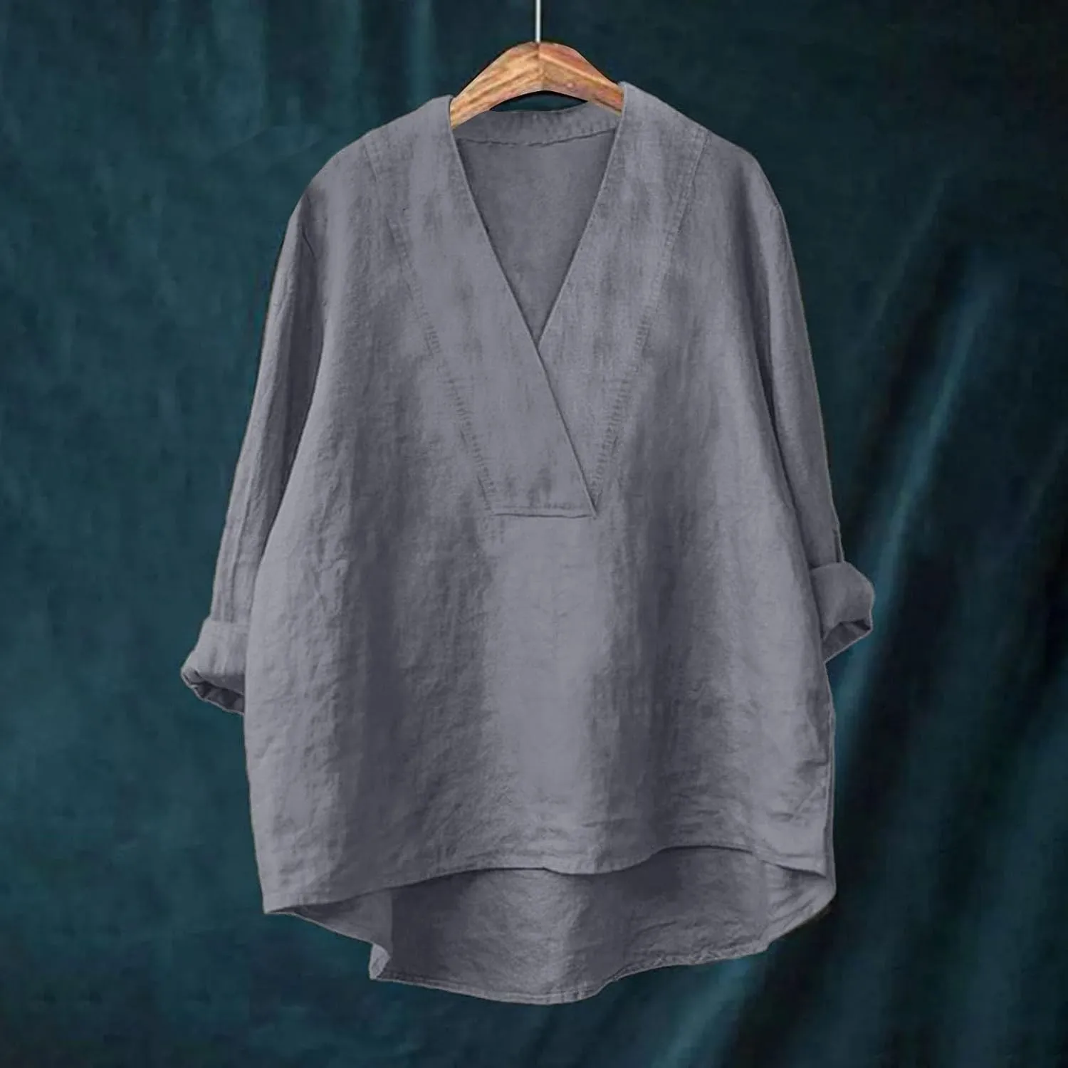 Cotton Linen Shirts for Women Summer Tops 2025 V Neck High Low Hem Blouses Loose Casual Roll-up Sleeve Tshirts