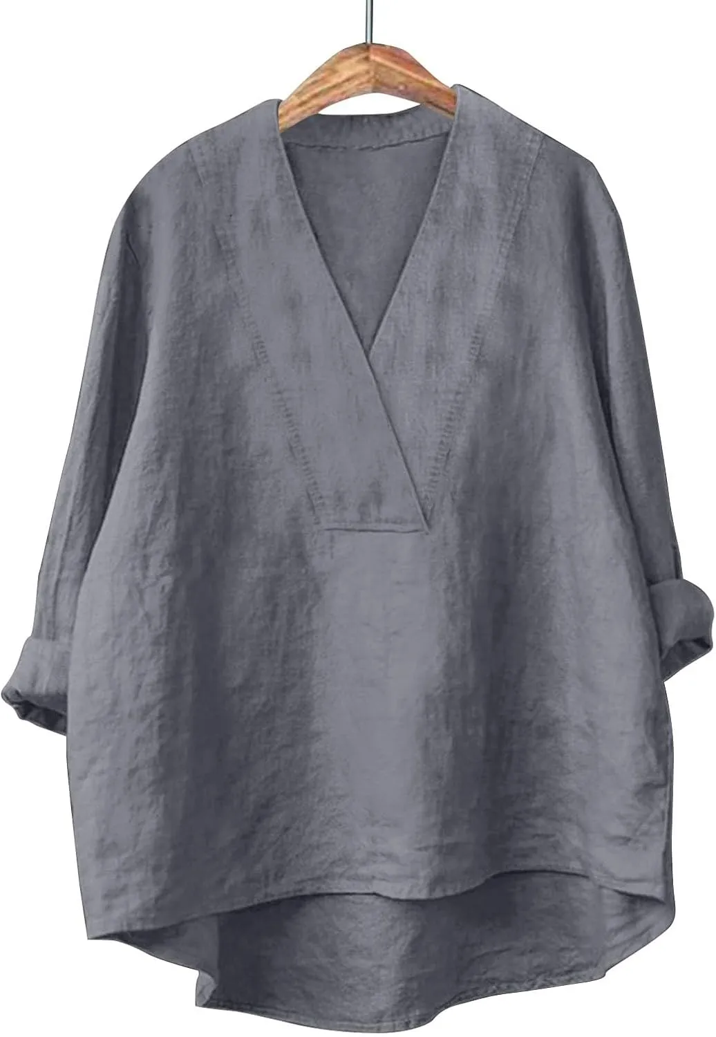Cotton Linen Shirts for Women Summer Tops 2025 V Neck High Low Hem Blouses Loose Casual Roll-up Sleeve Tshirts