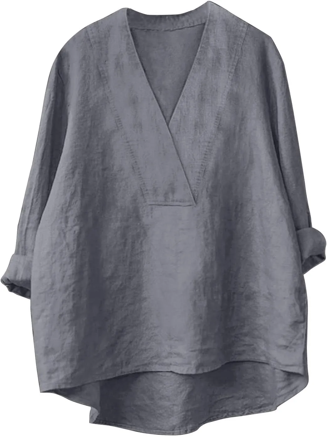 Cotton Linen Shirts for Women Summer Tops 2025 V Neck High Low Hem Blouses Loose Casual Roll-up Sleeve Tshirts