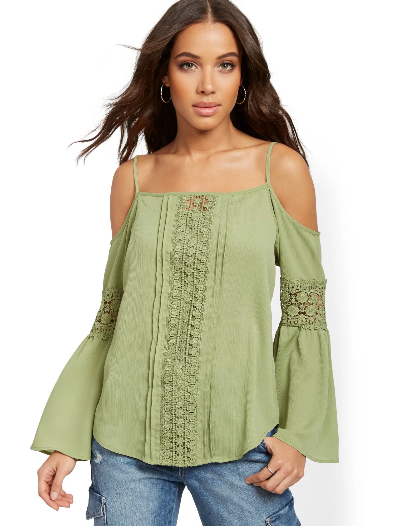 Crochet-Trim Cold-Shoulder Top