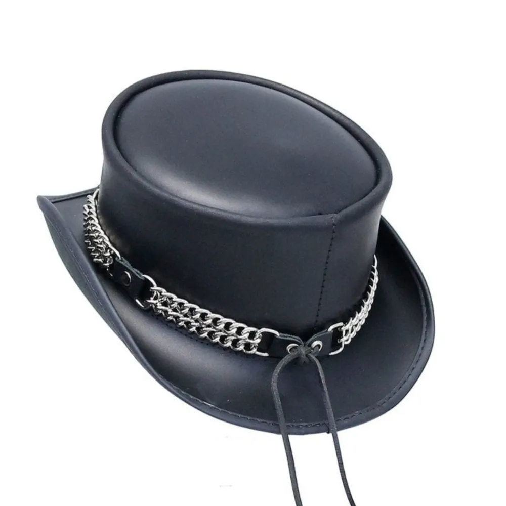 Curb Chain Black Leather Top Hat