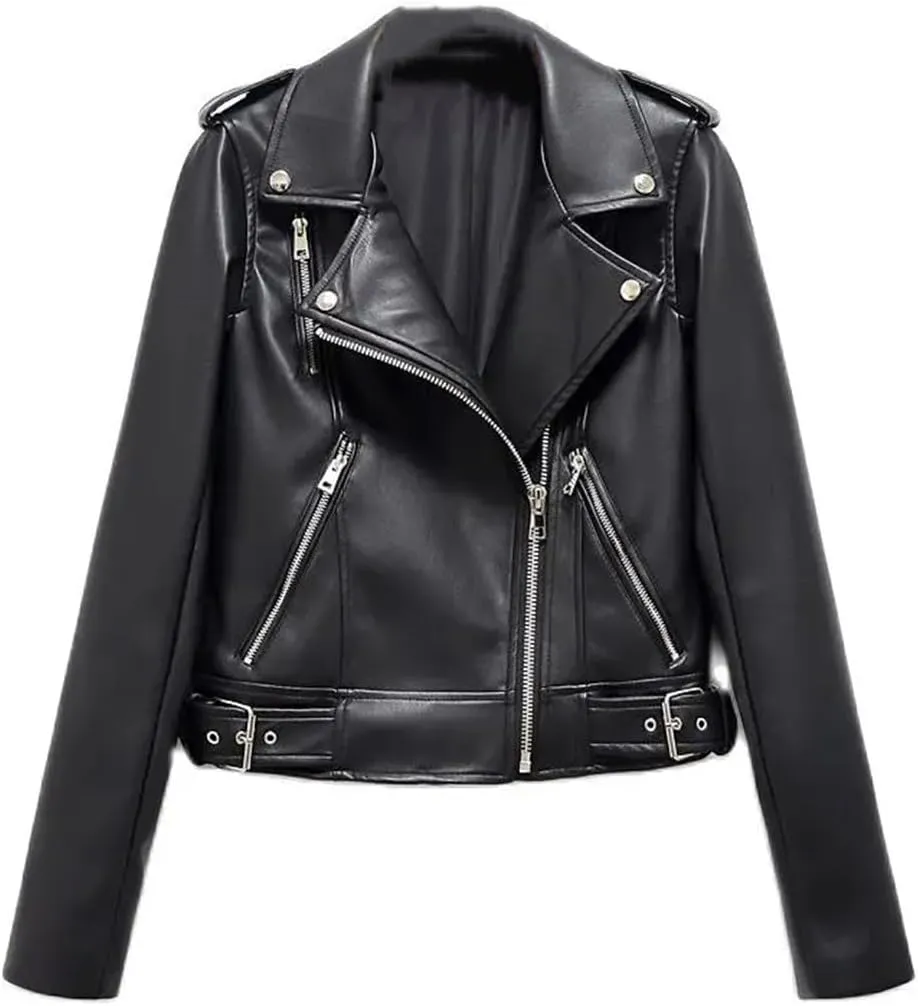 Disimlarl Women Faux Leather Pu Jacket Belt Zipper Retro Moto Biker Jacket Coat Female Chic Outwear