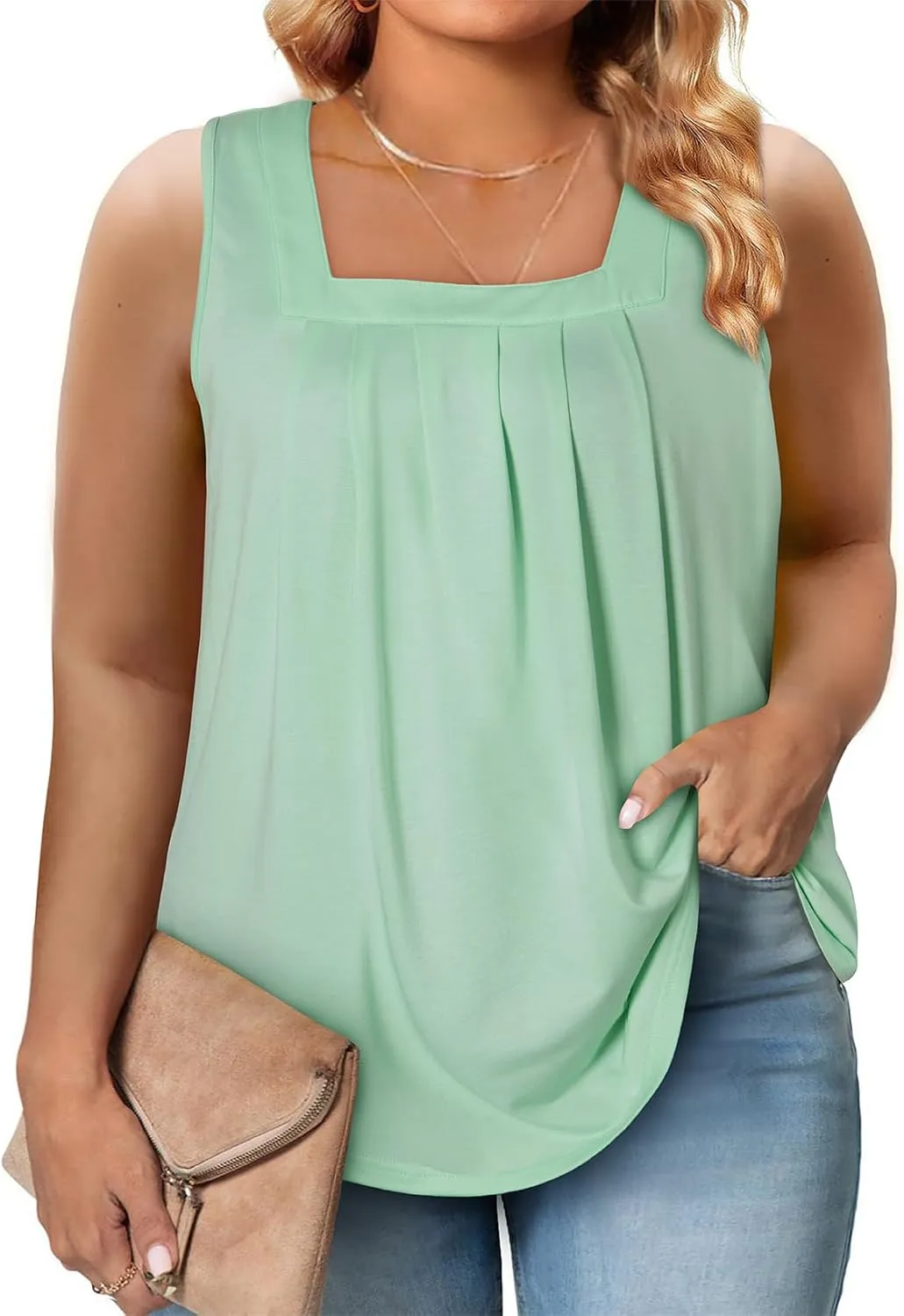Eytino Women Plus Size Tank Tops Summer Casual Square Neck Sleeveless Blouse Shirts(1X-5X)