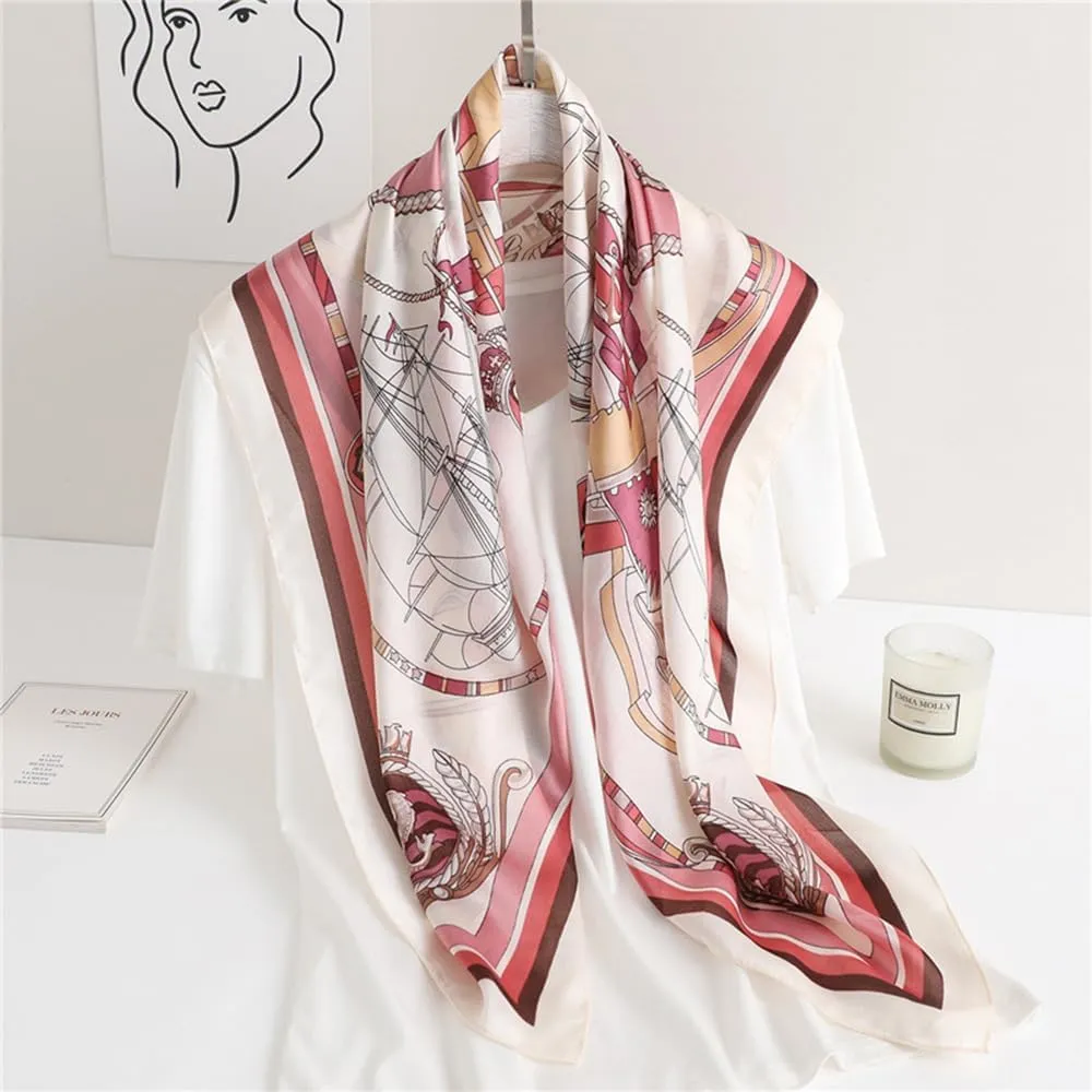 Fashion and Elegant Silk Feeling Scarf Square Satin Retro Style Sunscreen Head Scarf for Women Digital Printed