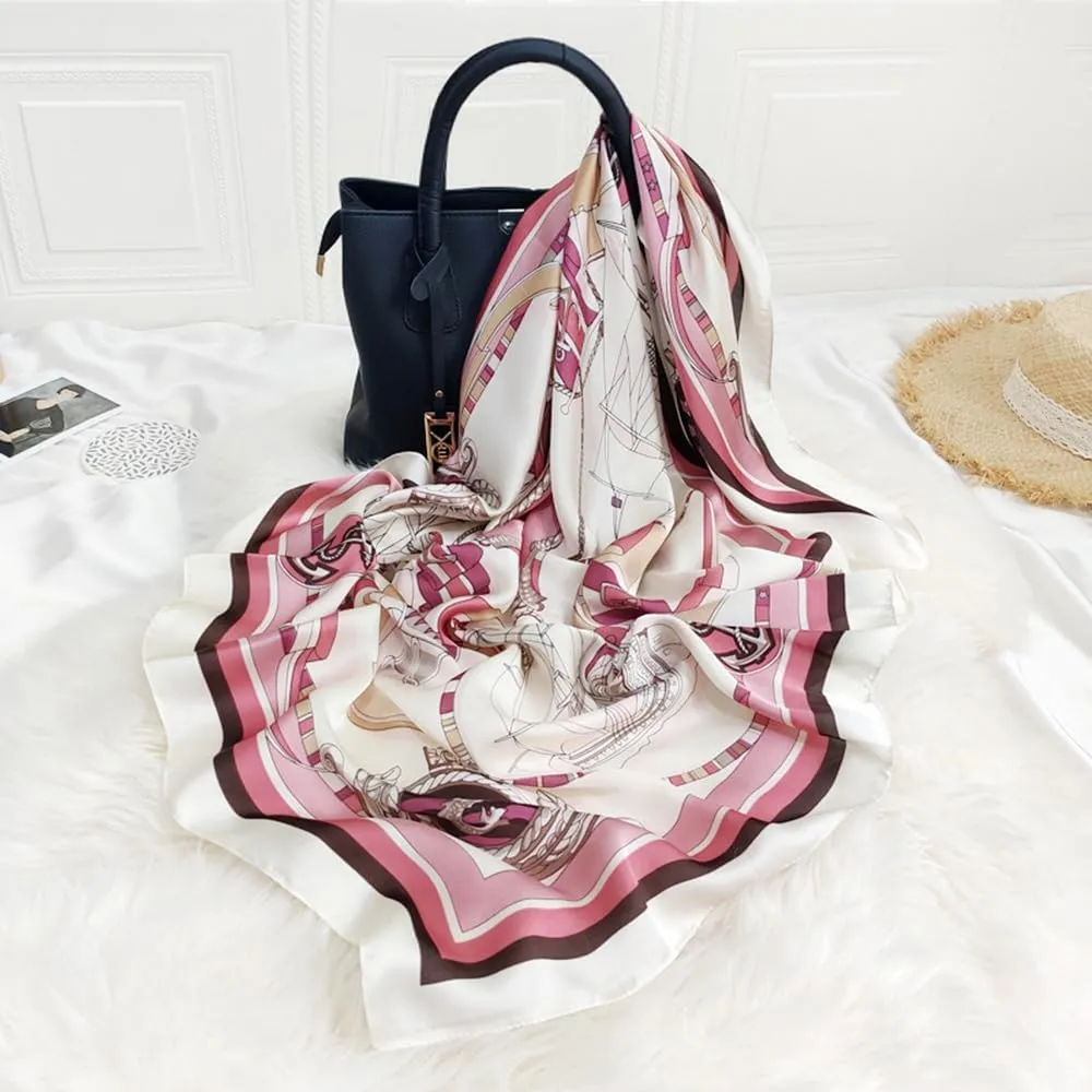 Fashion and Elegant Silk Feeling Scarf Square Satin Retro Style Sunscreen Head Scarf for Women Digital Printed