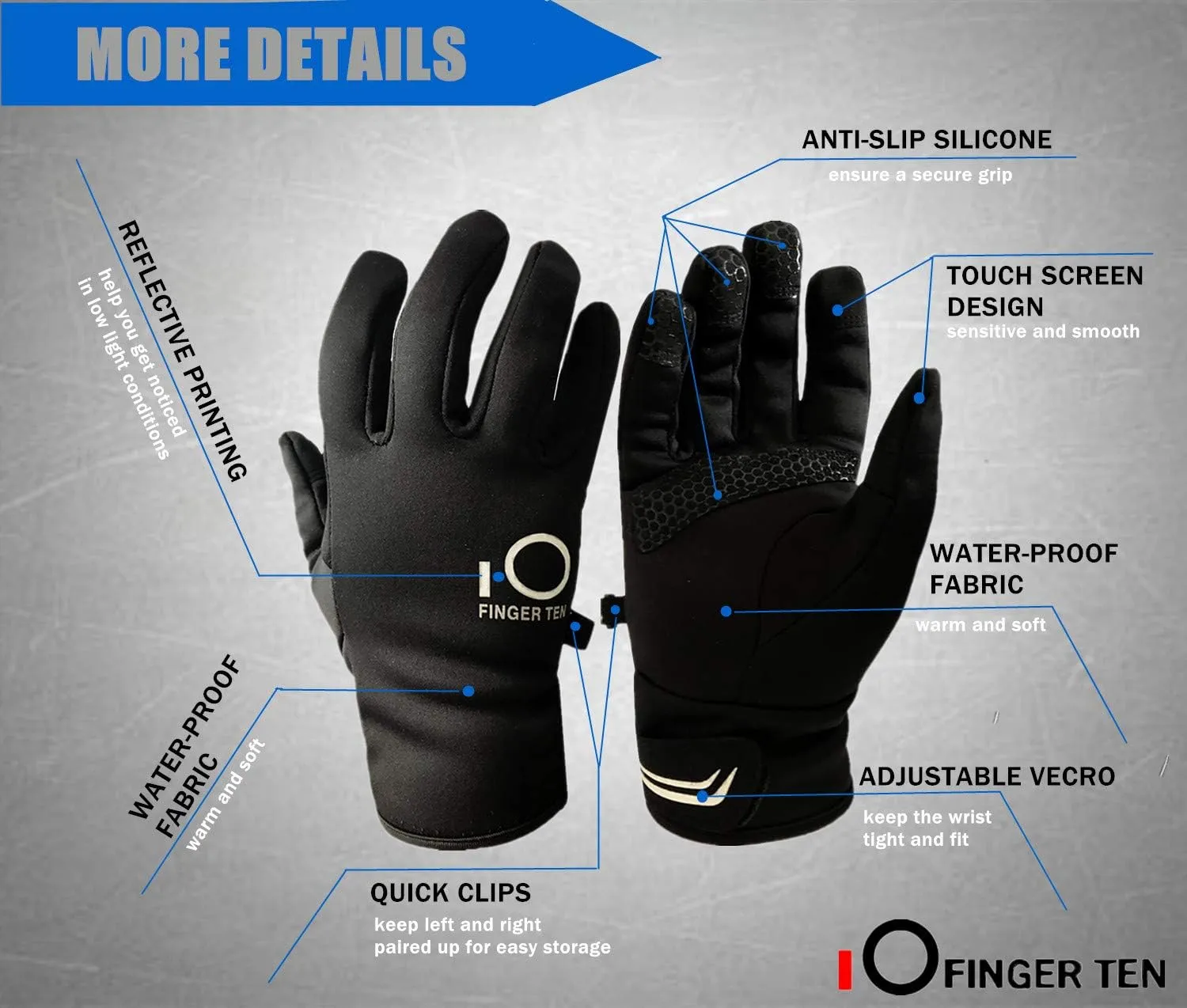 FINGER TEN Winter Gloves Men Women Touchscreen Waterproof, Running Cycling Liner Fleece Pair