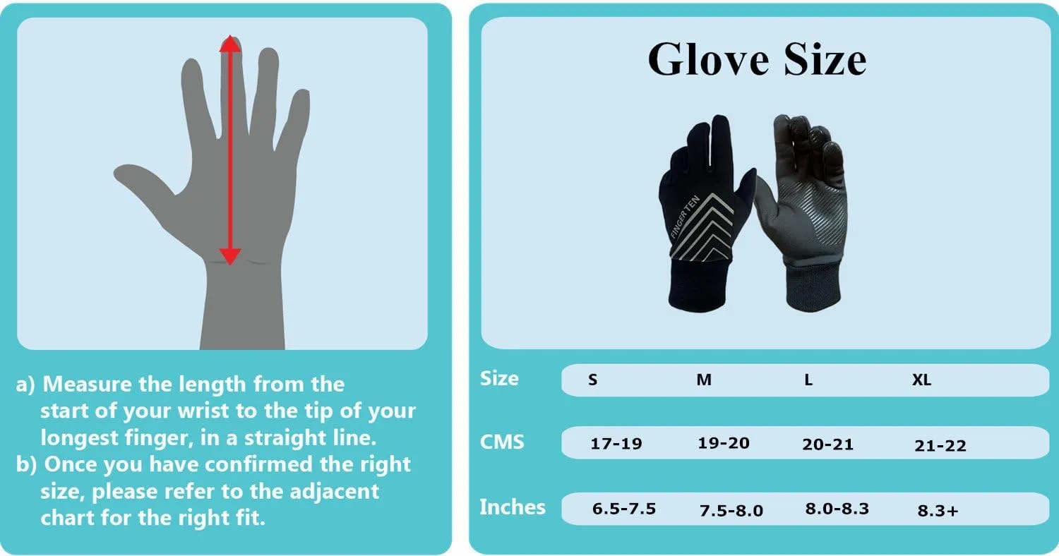 FINGER TEN Winter Gloves Men Women Touchscreen Waterproof, Running Cycling Liner Fleece Pair