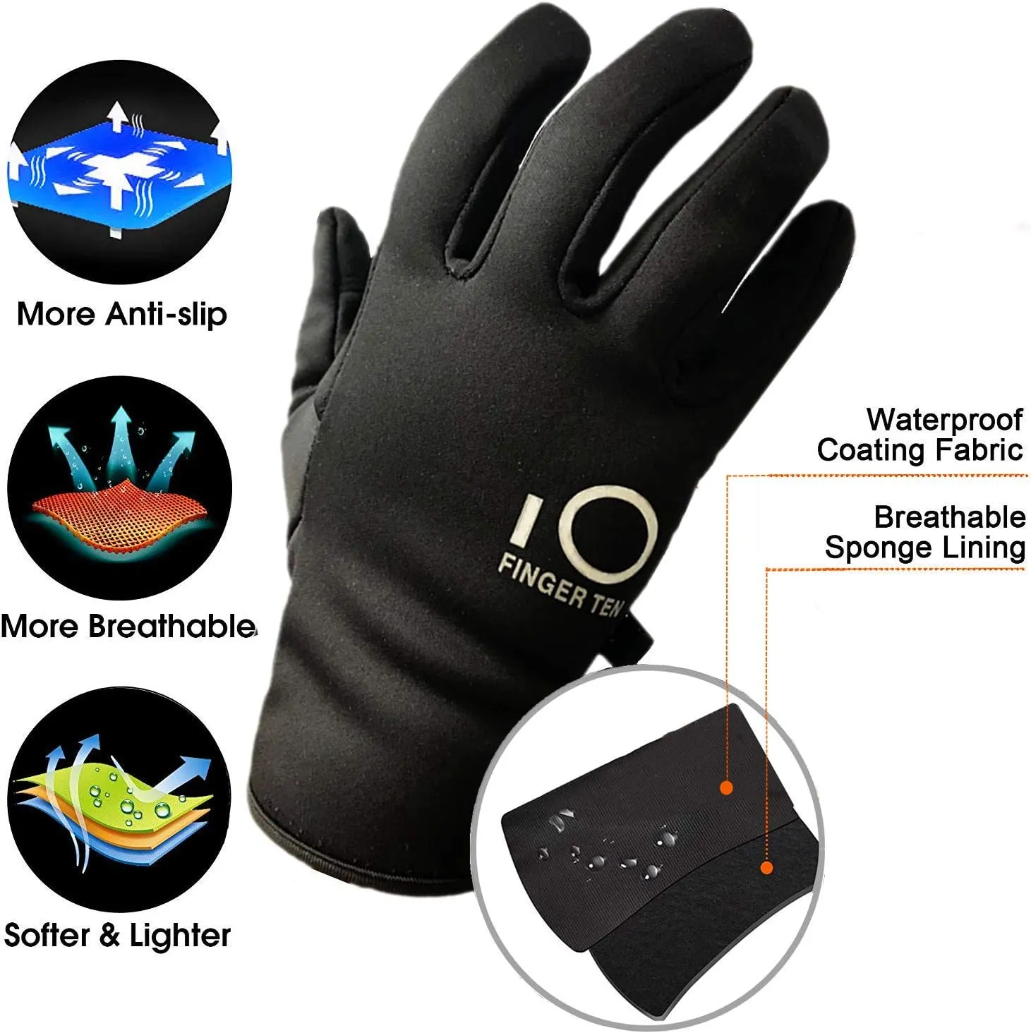 FINGER TEN Winter Gloves Men Women Touchscreen Waterproof, Running Cycling Liner Fleece Pair