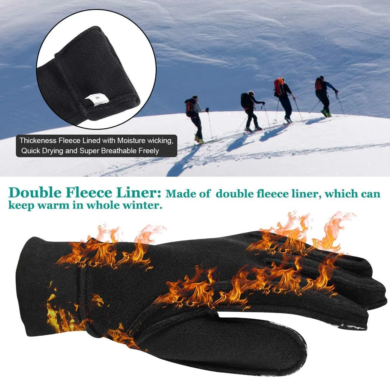 FINGER TEN Winter Gloves Men Women Touchscreen Waterproof, Running Cycling Liner Fleece Pair