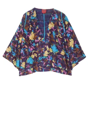 FLORAL SILK PRINT KANTHA BELL SHAPE JACKET - fs2048-nvy -