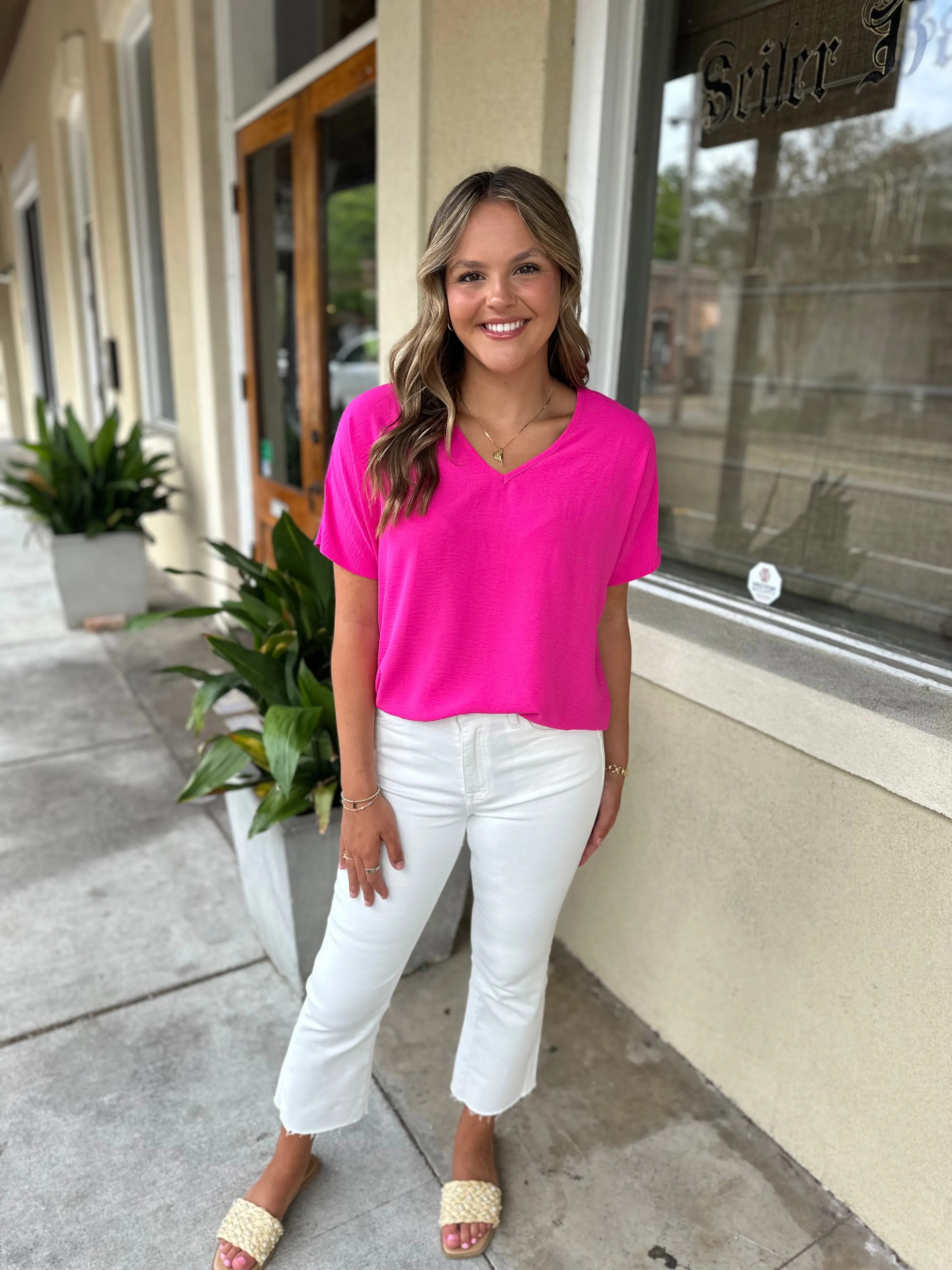 Flowy V Blouse-Hot Pink