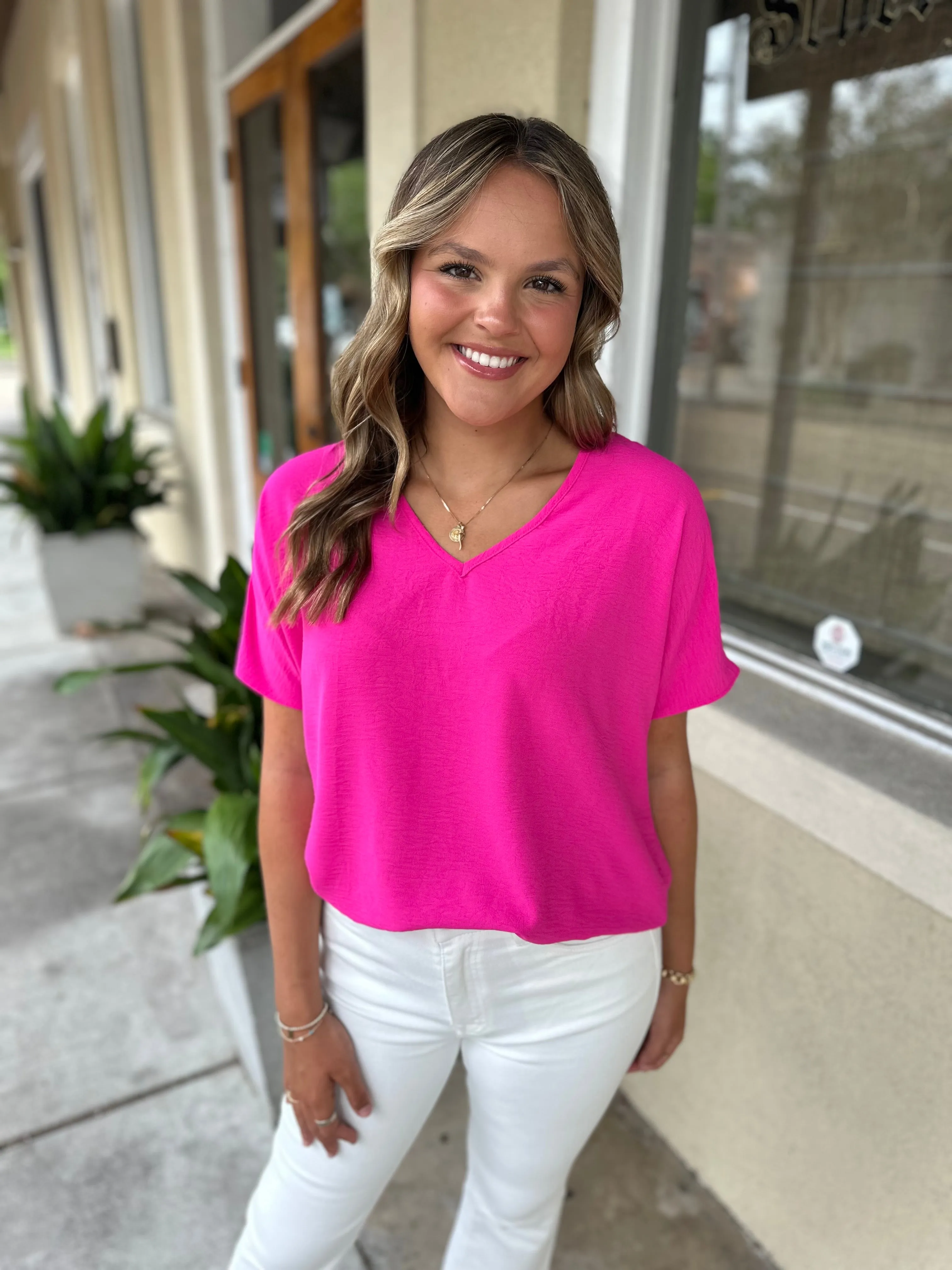 Flowy V Blouse-Hot Pink
