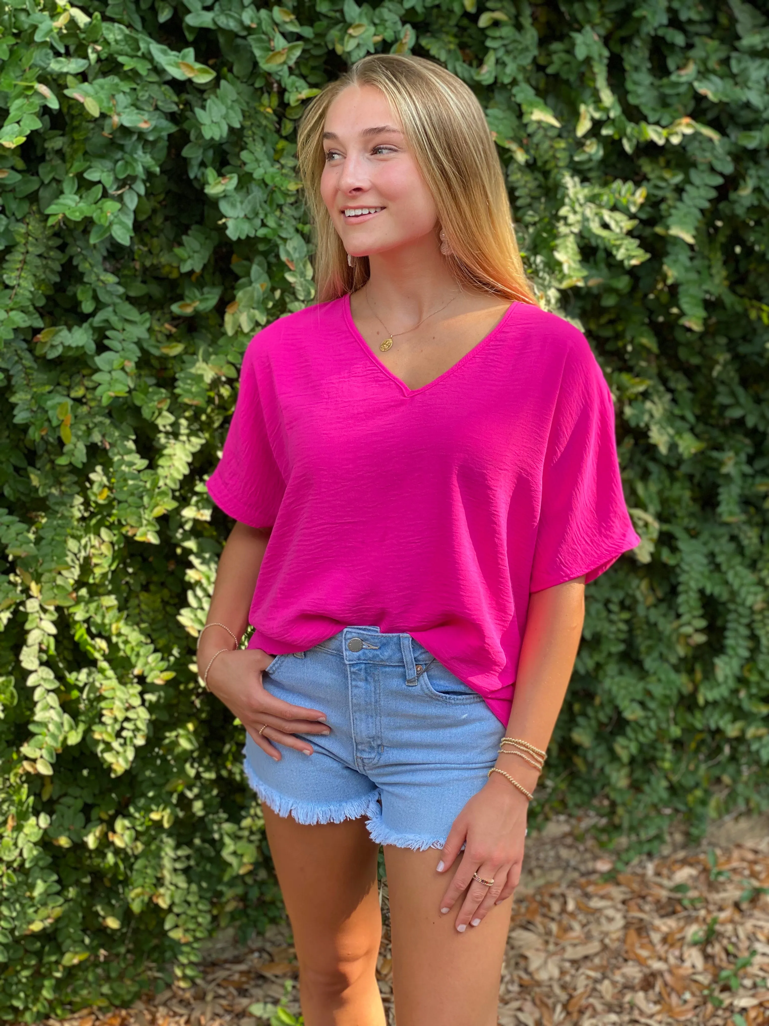 Flowy V Blouse-Hot Pink