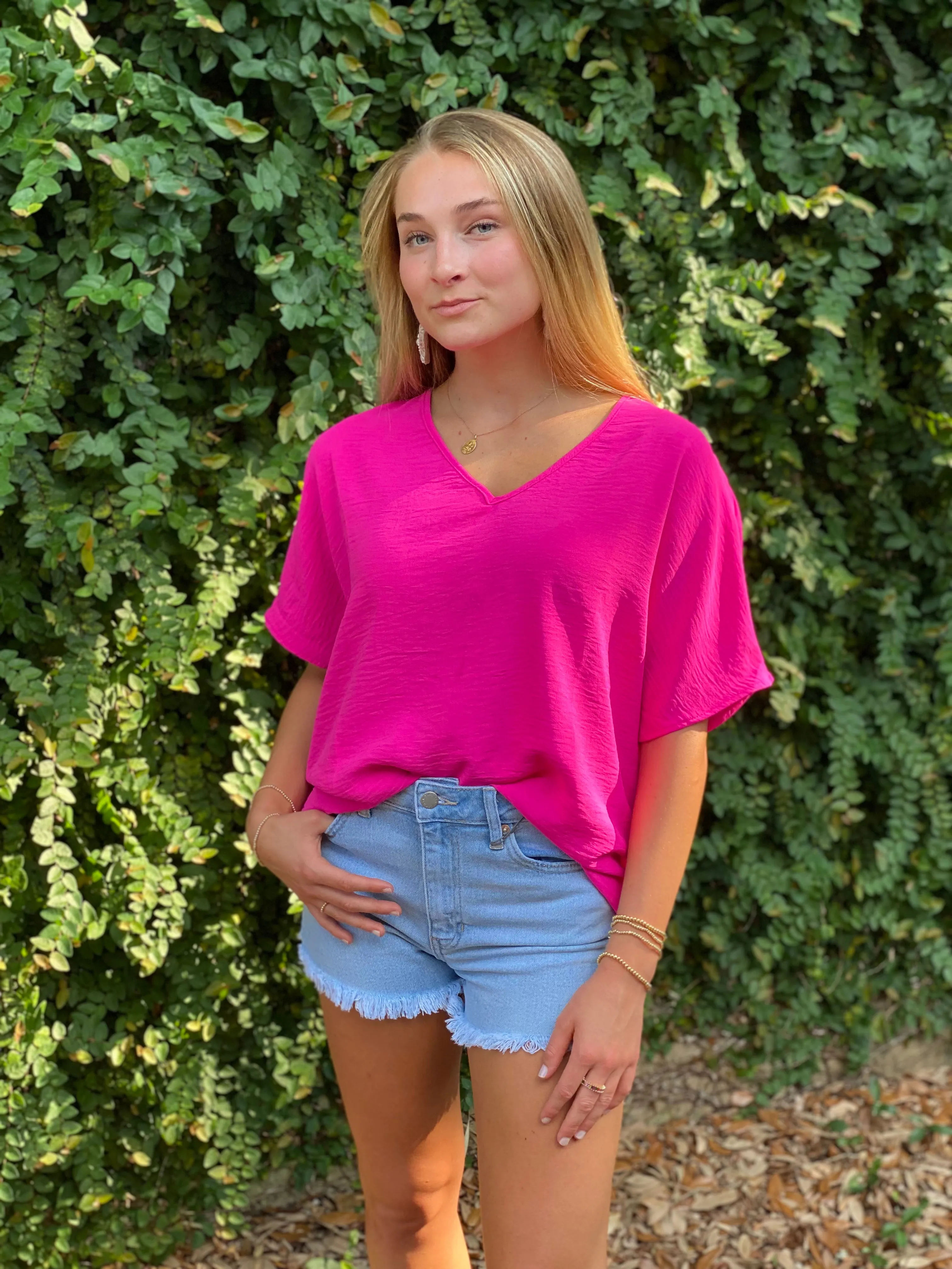 Flowy V Blouse-Hot Pink