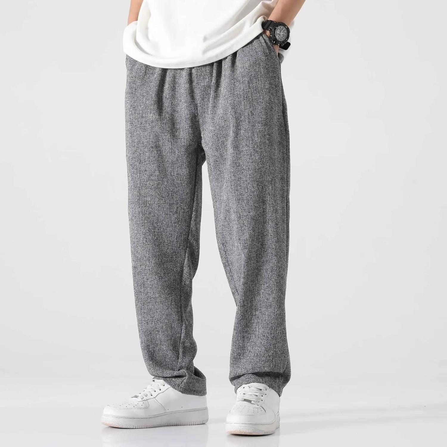 FZVYD Mens Linen Pants Mens Casual Elastic Drawstring Cargo Pants Lightweight Relaxed Fit Cotton Workout Sweatpants 2023
