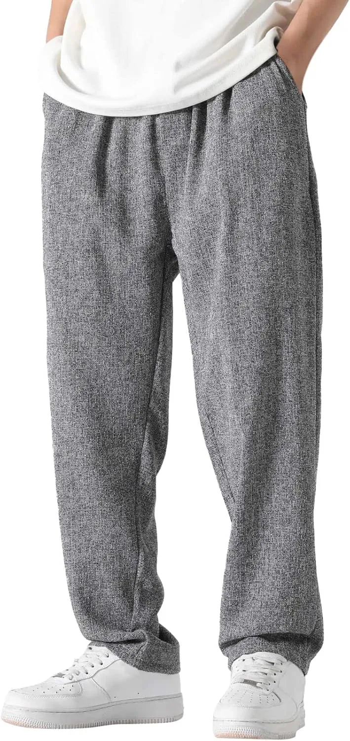 FZVYD Mens Linen Pants Mens Casual Elastic Drawstring Cargo Pants Lightweight Relaxed Fit Cotton Workout Sweatpants 2023