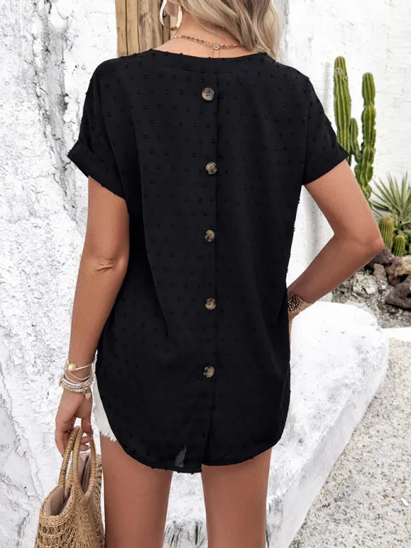 Gavrielle Women's Solid Color Casual Short-Sleeved V-Neck Jacquard Fabric Shirt