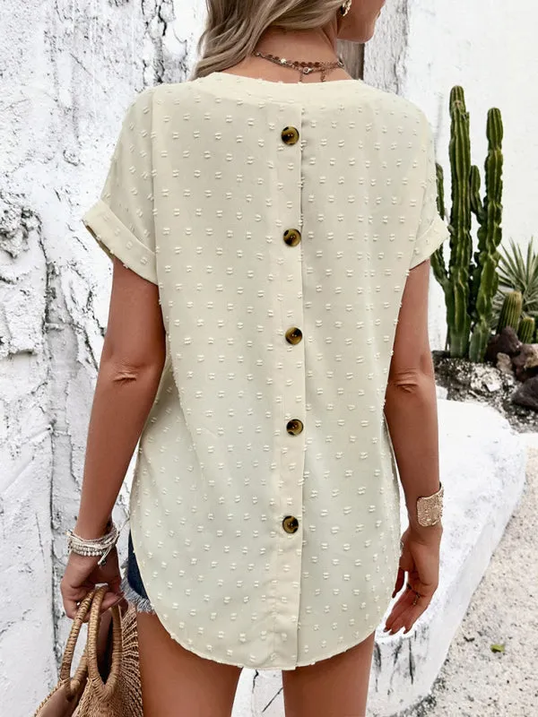 Gavrielle Women's Solid Color Casual Short-Sleeved V-Neck Jacquard Fabric Shirt