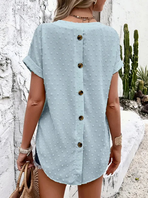 Gavrielle Women's Solid Color Casual Short-Sleeved V-Neck Jacquard Fabric Shirt