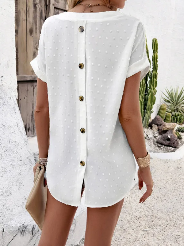 Gavrielle Women's Solid Color Casual Short-Sleeved V-Neck Jacquard Fabric Shirt