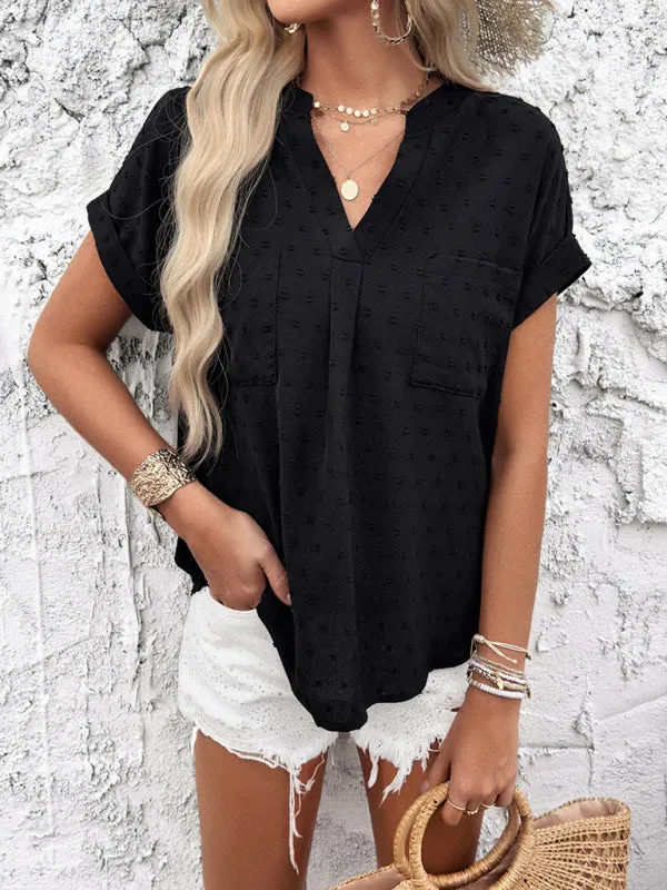 Gavrielle Women's Solid Color Casual Short-Sleeved V-Neck Jacquard Fabric Shirt