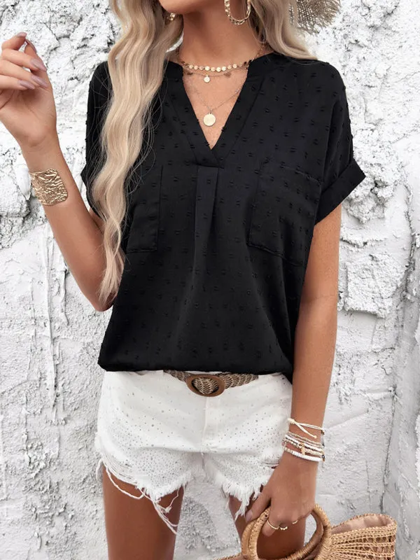 Gavrielle Women's Solid Color Casual Short-Sleeved V-Neck Jacquard Fabric Shirt