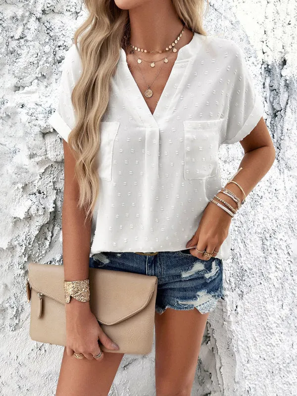 Gavrielle Women's Solid Color Casual Short-Sleeved V-Neck Jacquard Fabric Shirt