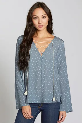 Geometric Lace Up Long Sleeve Top