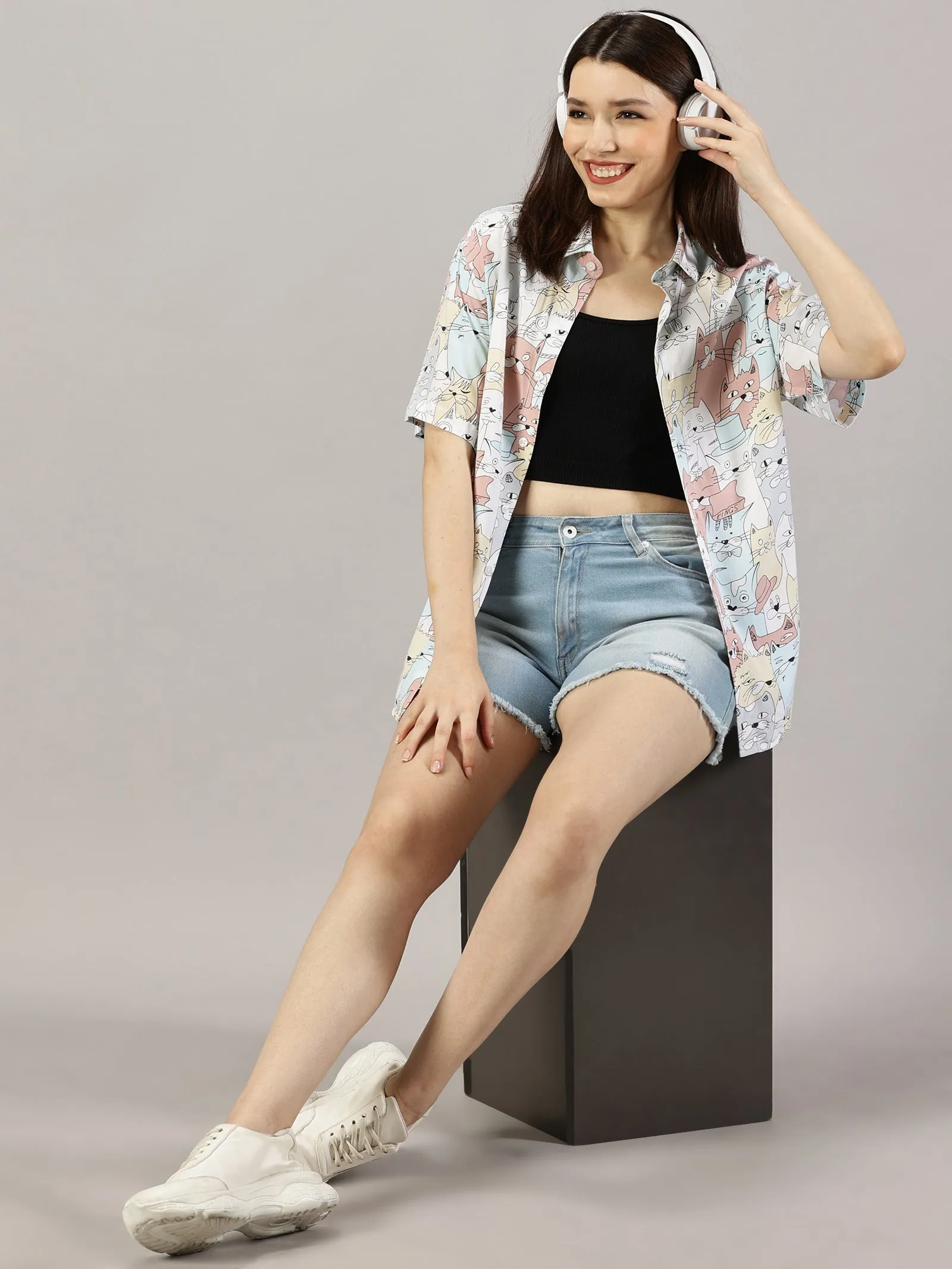 Graphic Glee Half-Sleeve Oversized Shirt