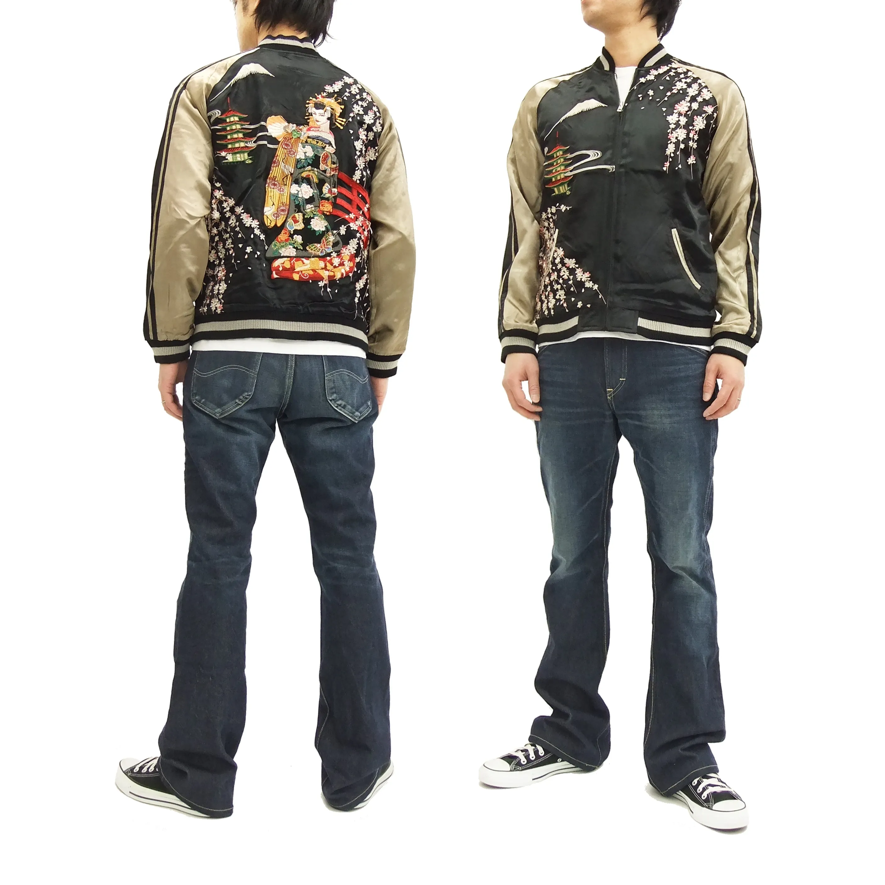 Hanatabi Gakudan Men's Japanese Souvenir Jacket Japanese Geisha Oiran Sukajan Script SSJ-505