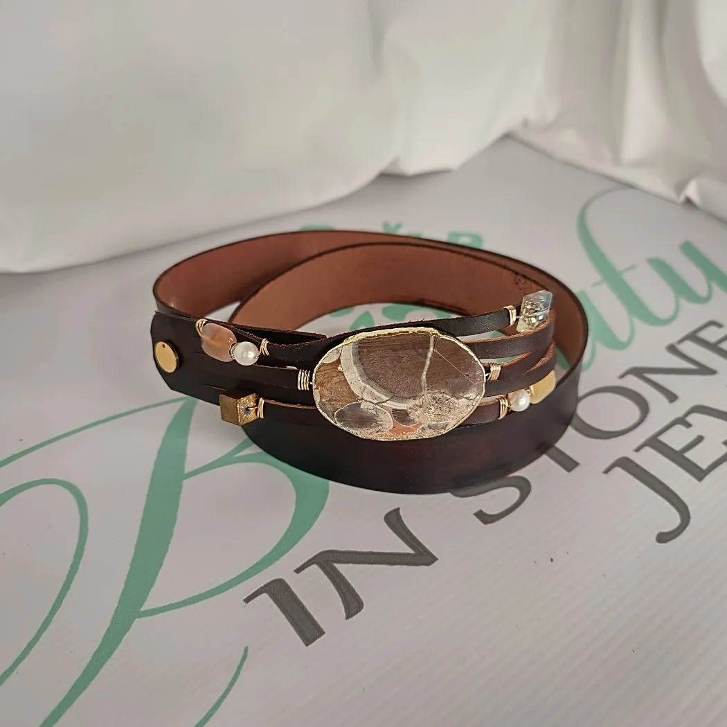 Handmade Leather Belt Dark Brown/Brown Jasper Gemstone & Rhinestones