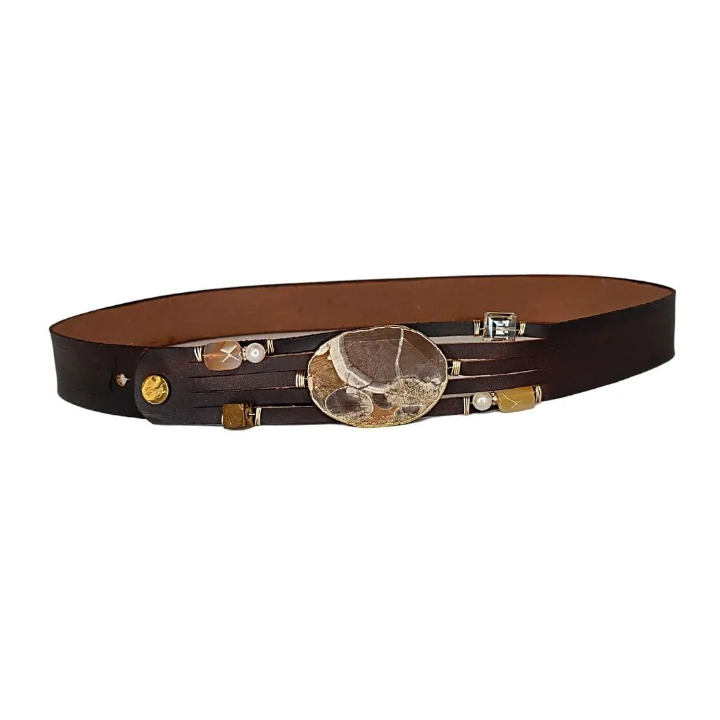 Handmade Leather Belt Dark Brown/Brown Jasper Gemstone & Rhinestones