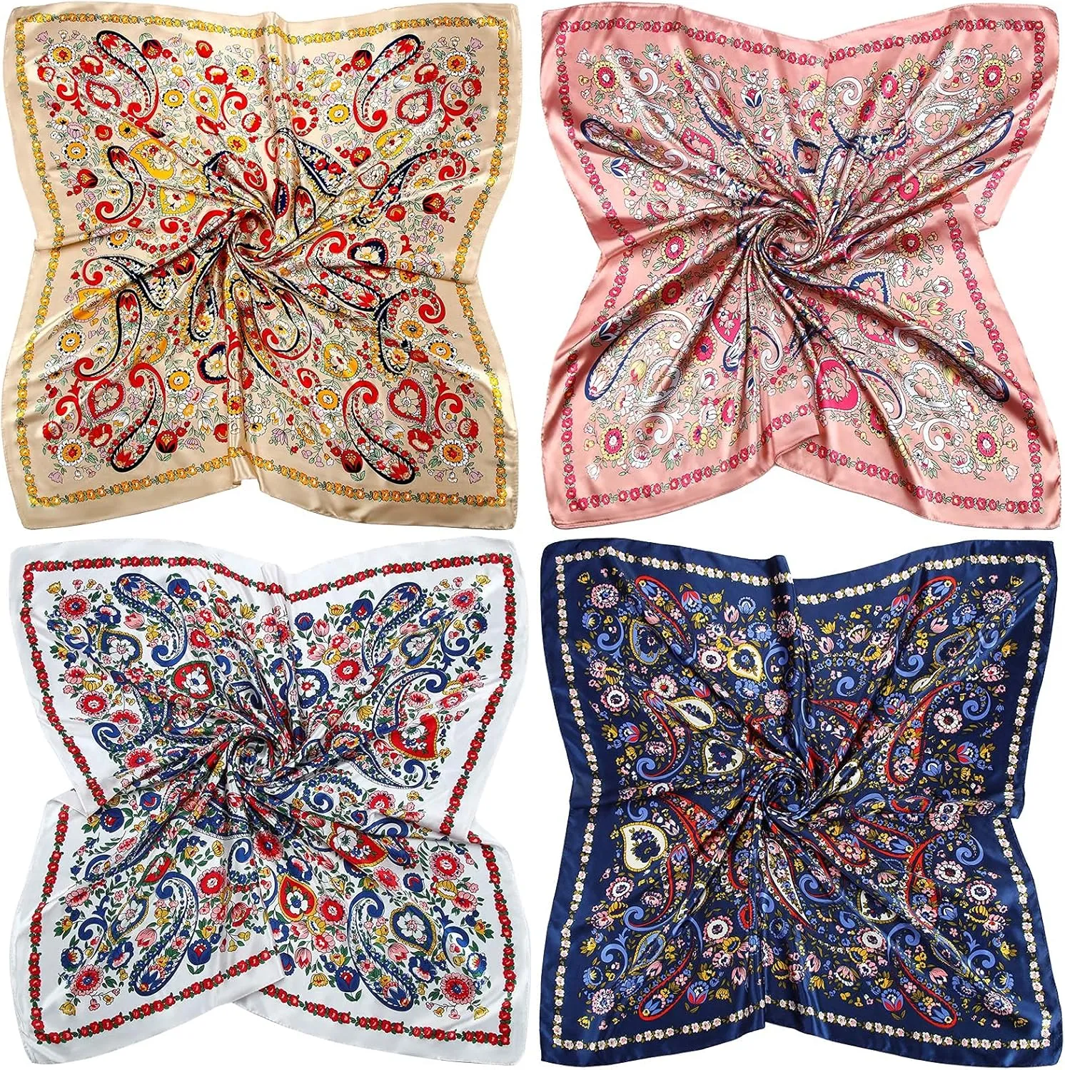 Honoson 4 Pcs 35 Inch Silk Scarf for Women Hair Satin Scarf Square Silk Bandanas Large Head Scarves for Sleeping