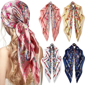 Honoson 4 Pcs 35 Inch Silk Scarf for Women Hair Satin Scarf Square Silk Bandanas Large Head Scarves for Sleeping