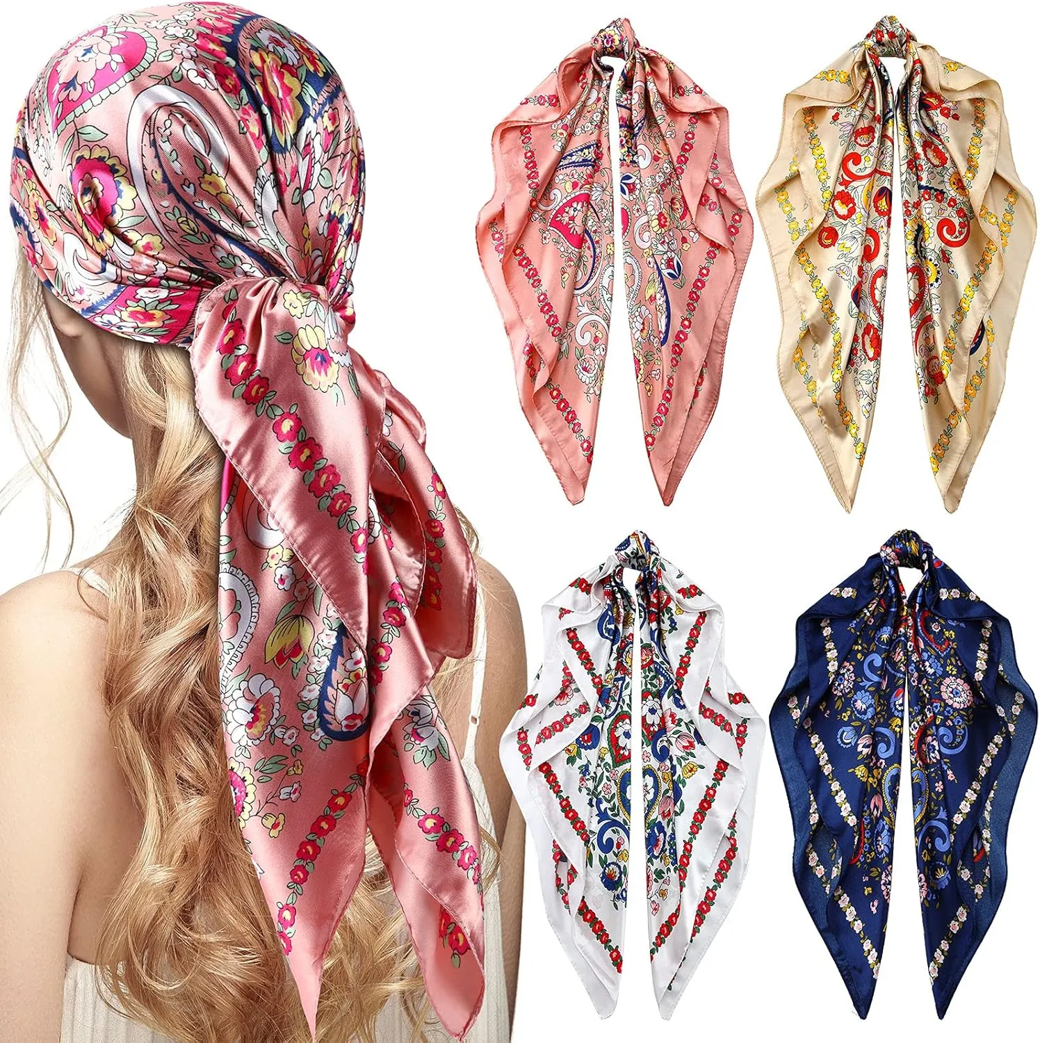 Honoson 4 Pcs 35 Inch Silk Scarf for Women Hair Satin Scarf Square Silk Bandanas Large Head Scarves for Sleeping